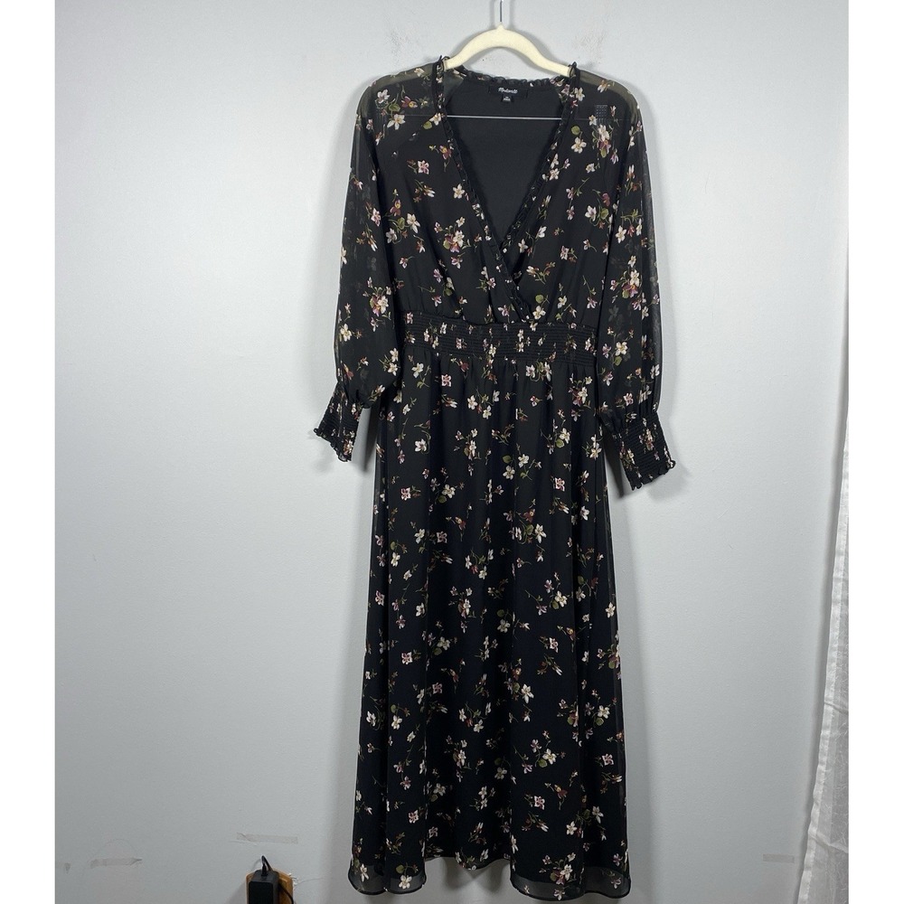 Madewell Maxi Dress Women's XS Black Floral Smocked Waist Cottagecore Boho